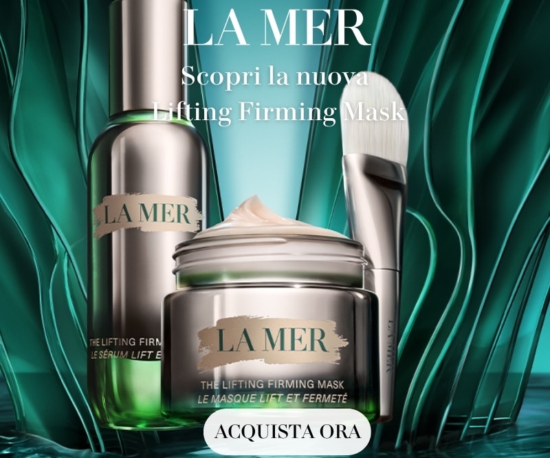 La Mer Lifting Firming Mask - Maschera rassodante con siero e pennello, novità skincare su sfondo verde acqua.